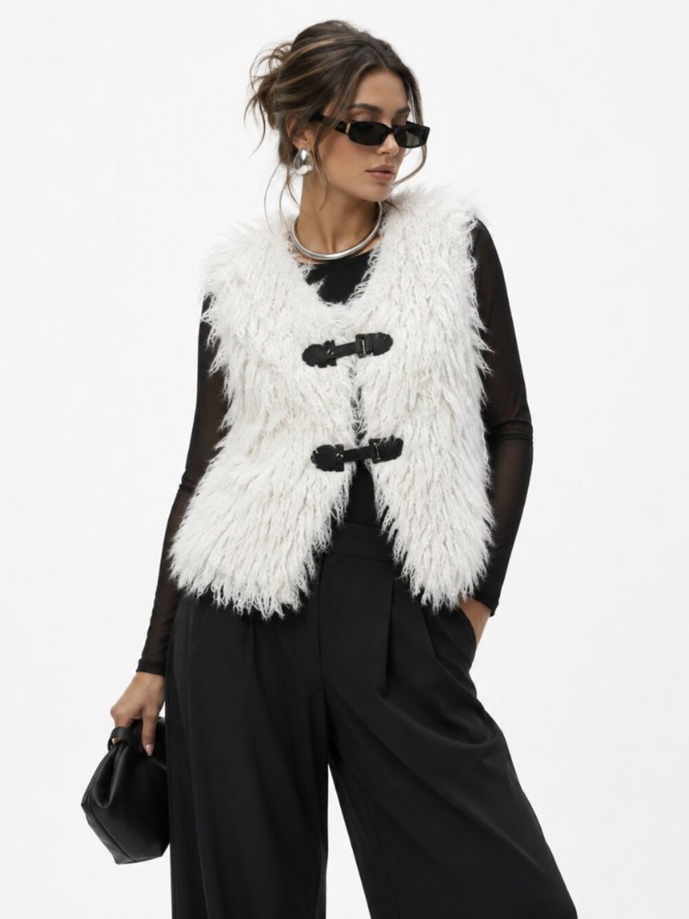 Cecico Faux Shearling Vest Womens L White Shaggy Boho Festival Y2K Statement